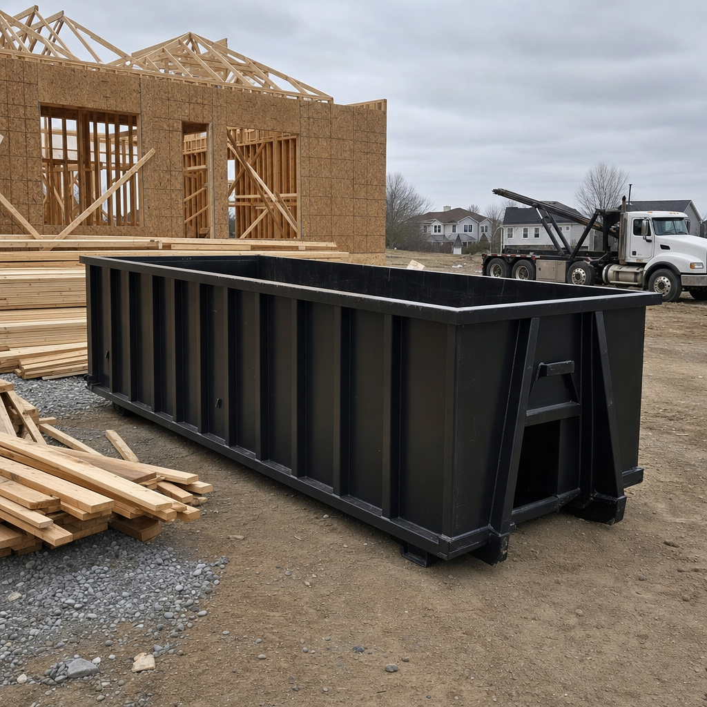 Matte-black 40-yard roll-off dumpster staged on a framed-out residential construction site in Waterloo, framing lumber stacked nearby, hooklift delivery truck visible in the background under bright Colorado daylight