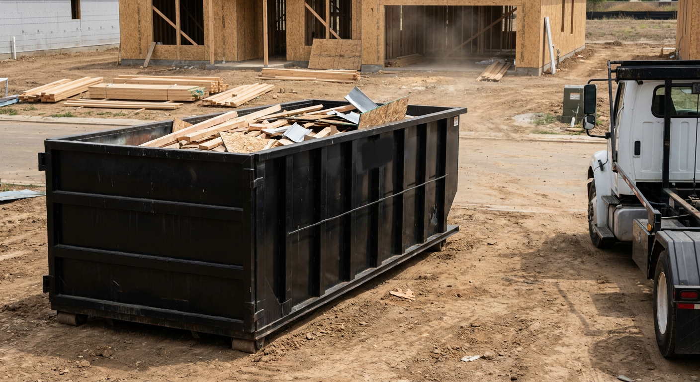 Matte-black 20-yard roll-off construction dumpster with heavy ribbed steel sidewalls and swing rear doors at a working jobsite in Waterloo, sitting directly on compacted dirt with an unmarked white hauler partially visible at the far edge of the frame.