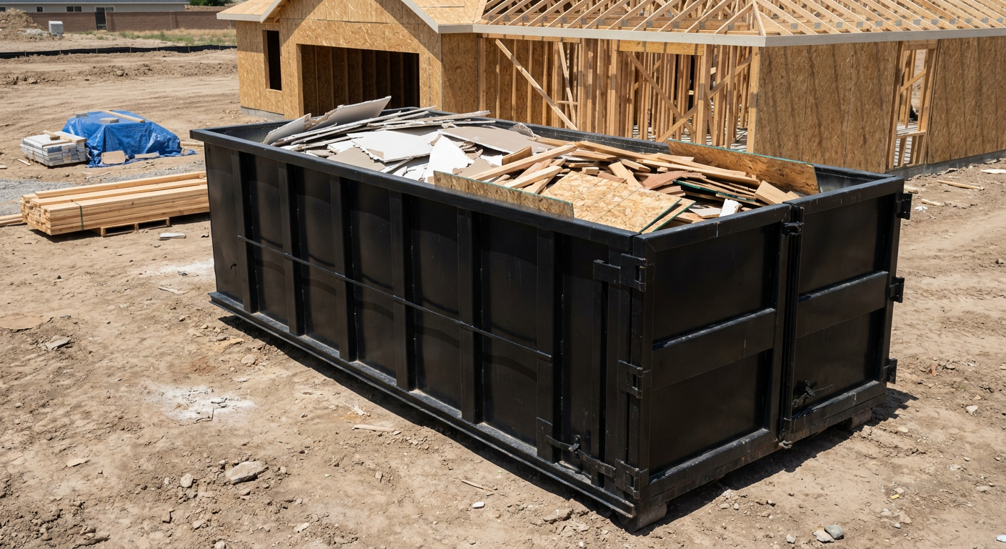 Matte-black 30-yard roll-off construction dumpster sitting directly on the compacted-dirt site of a framed single-family home build in Waterloo, drywall and lumber scrap loaded inside.