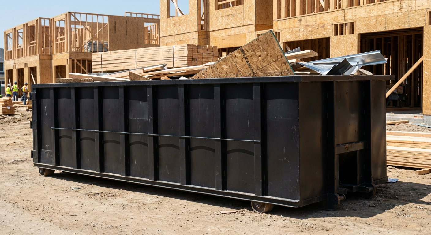 Matte-black 40-yard roll-off construction dumpster being lowered from a white-cab hooklift delivery truck onto the compacted-dirt jobsite at a commercial build site in Waterloo