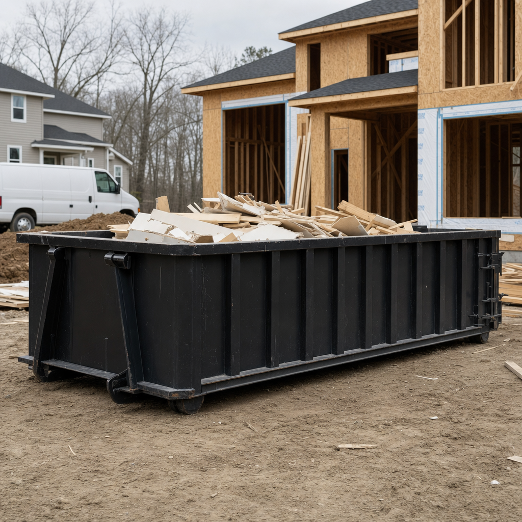 Worker in a yellow high-visibility vest tossing framing lumber and broken drywall into a matte-black 30-yard construction roll-off dumpster on an active build site in Waterloo, bright daylight