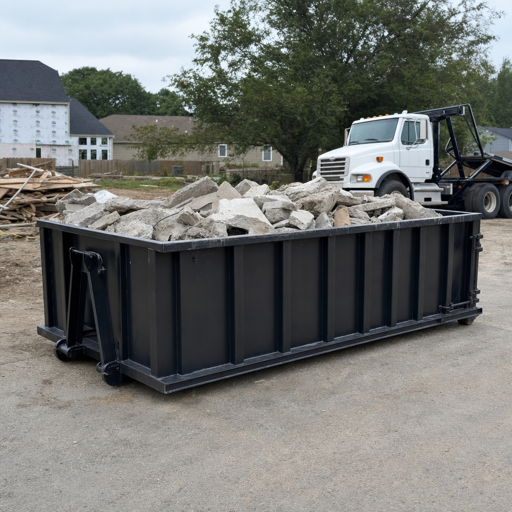 Low-profile matte-black lowboy roll-off dumpster loaded with broken concrete slab and rebar at a foundation tear-out in Waterloo, skid steer parked beside it, sunny Colorado morning