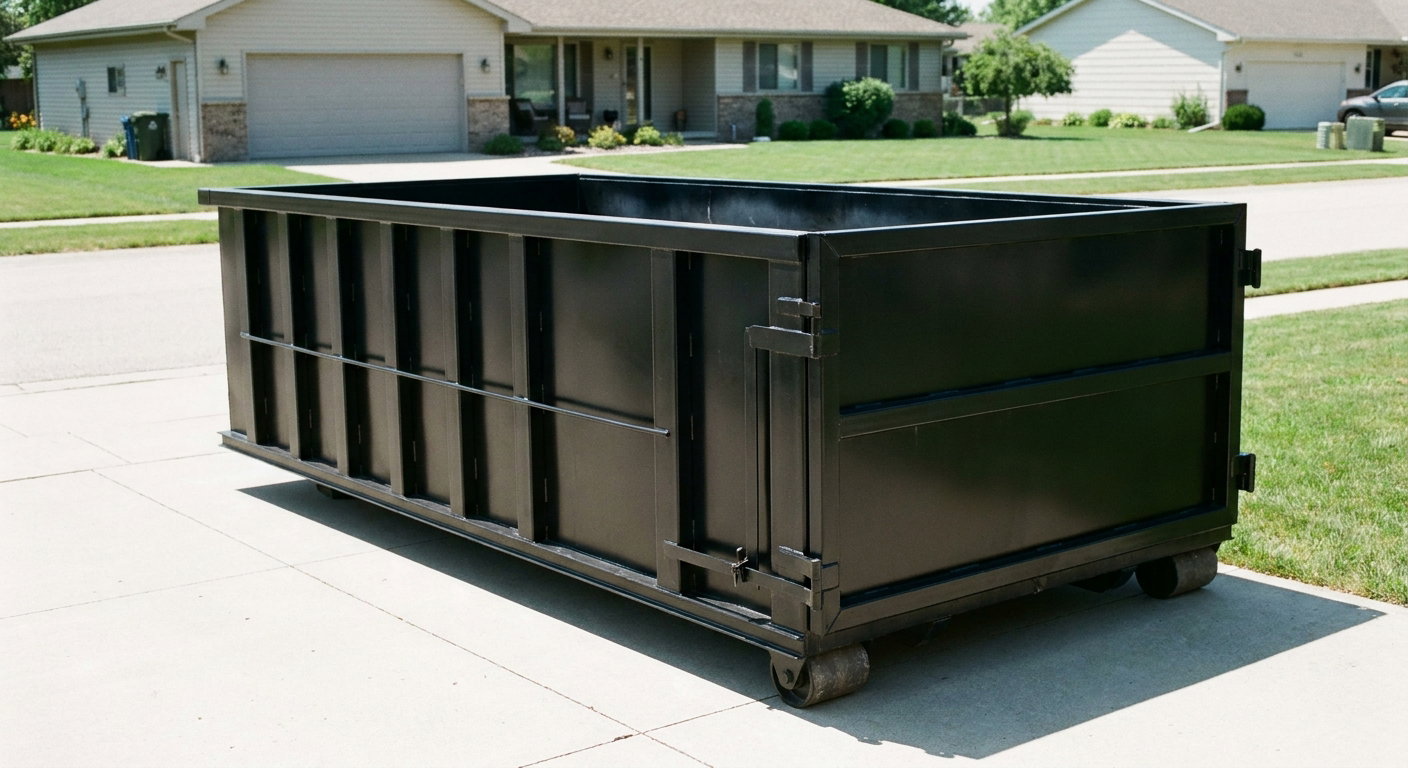 Matte-black 10-yard roll-off dumpster on a residential concrete driveway in Waterloo, uniformly painted matte black across every panel and rail, ribbed steel sidewalls and rear swing door visible, mid-day daylight.