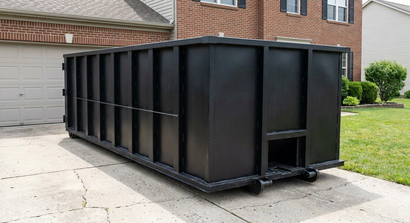 Matte-black 20-yard roll-off container on a Waterloo residential concrete driveway with reinforced ribbed steel sidewalls and a hinged rear walk-in door, clean bright daylight.