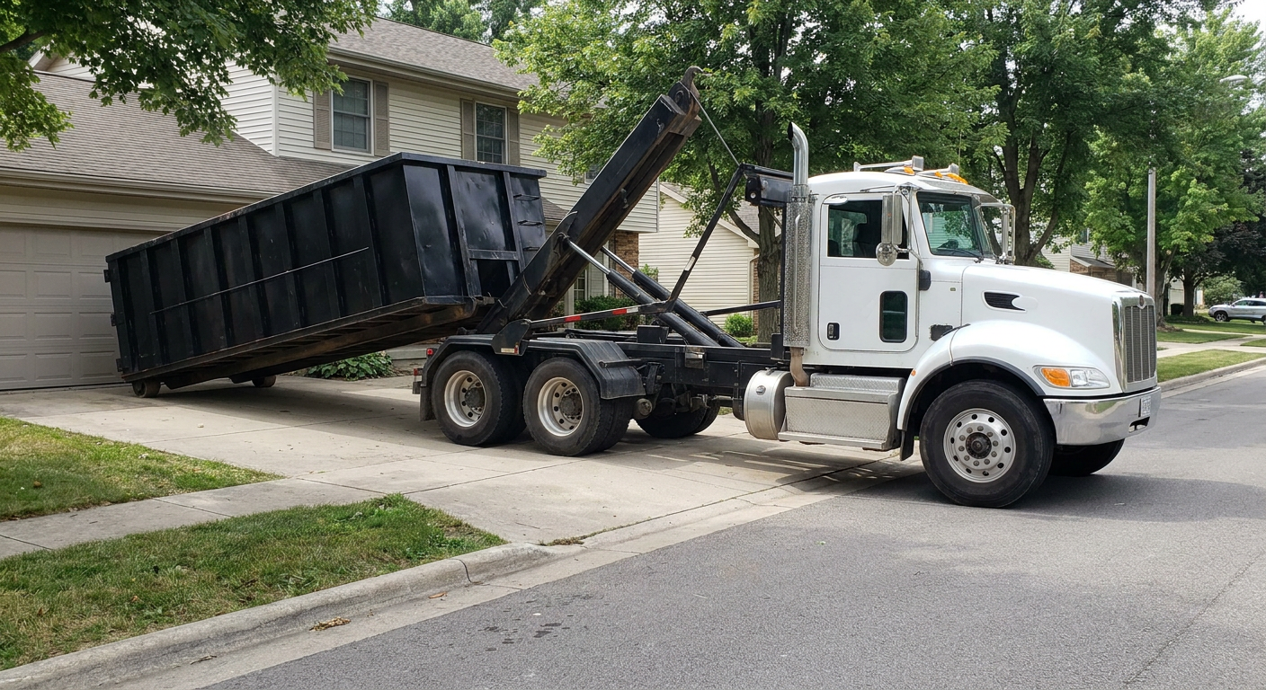 White-cab hooklift roll-off truck actively lowering a matte-black dumpster onto a Waterloo residential concrete driveway, the dumpster's rear wheels touching the driveway as the hoist arm tilts the bed forward, mid-morning daylight.