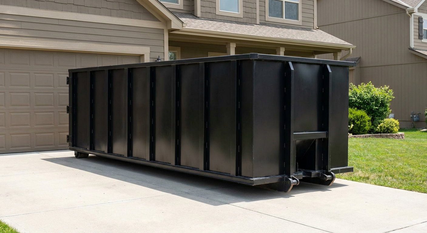 Matte-black residential roll-off dumpster sitting directly on a suburban Waterloo concrete driveway, garage door closed, single-family home in background, bright morning daylight.