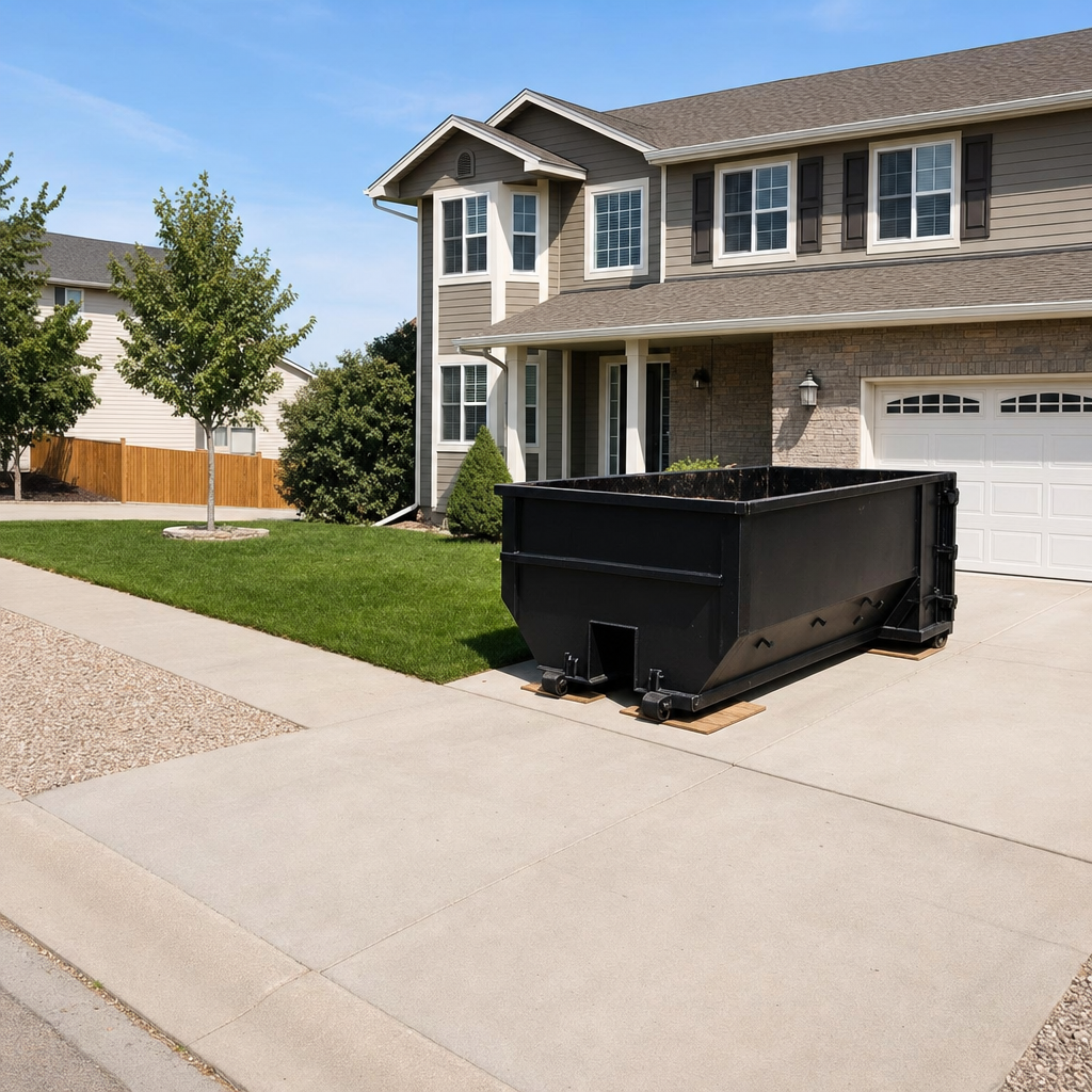 10-yard matte-black residential dumpster placed directly on a narrow Waterloo concrete driveway, room remains for a parked sedan beside it, mid-morning natural light