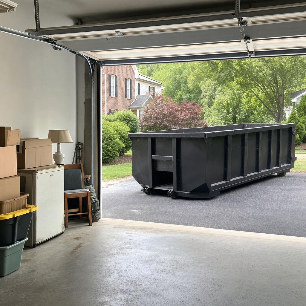 Open garage interior in a Waterloo home mid-cleanout — boxed items, an old appliance, and stacked yard tools queued near the driveway for a matte-black roll-off dumpster, organized and calm