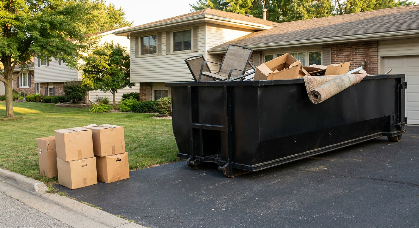 Front-yard view of a Waterloo split-level home with a 20-yard matte-black roll-off dumpster sitting directly on the asphalt driveway, a few clearly labeled donation boxes staged at the curb, calm sunny afternoon.