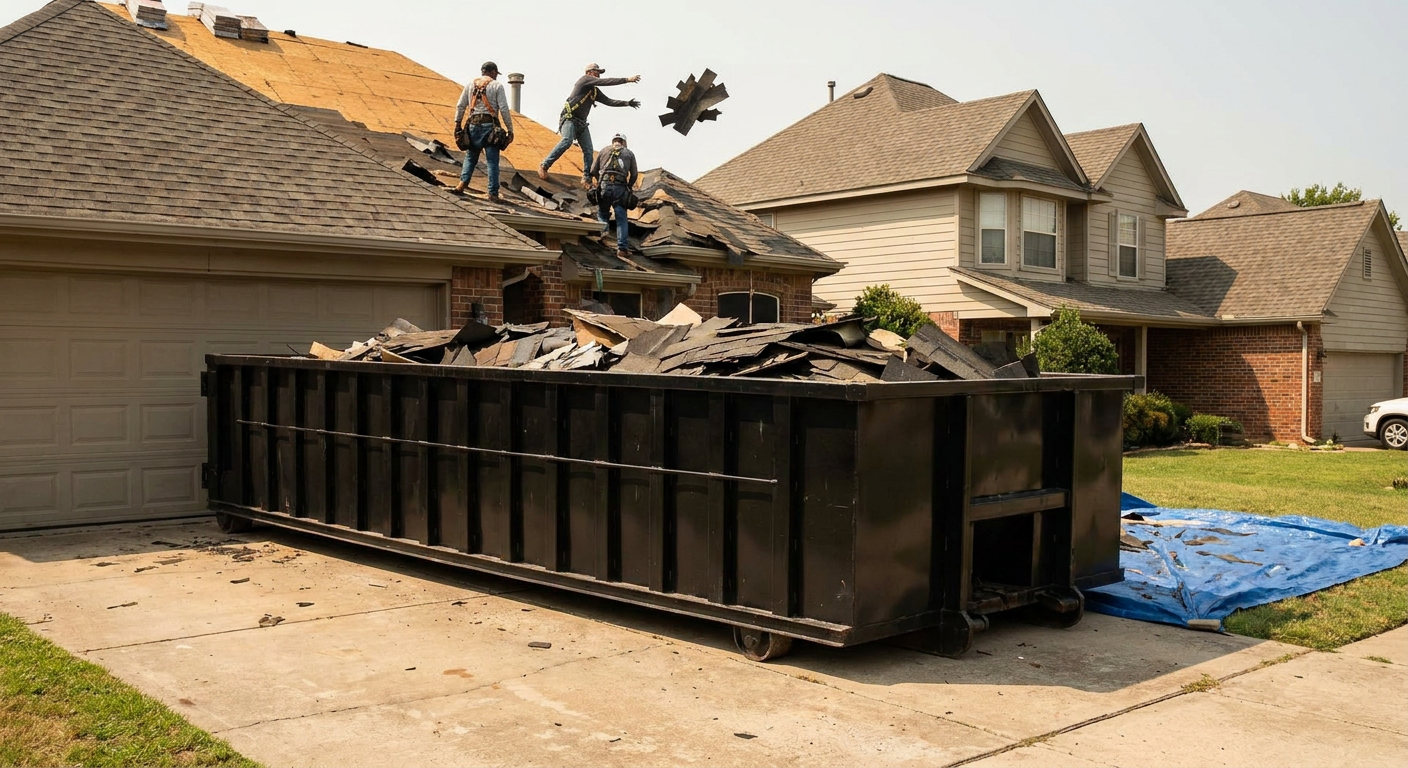 Matte-black roofing roll-off dumpster placed directly on a Waterloo residential concrete driveway, a tear-off crew on a two-story asphalt-shingle roof tossing shingle bundles into the low-walled container, bright daylight, documentary 35mm perspective.
