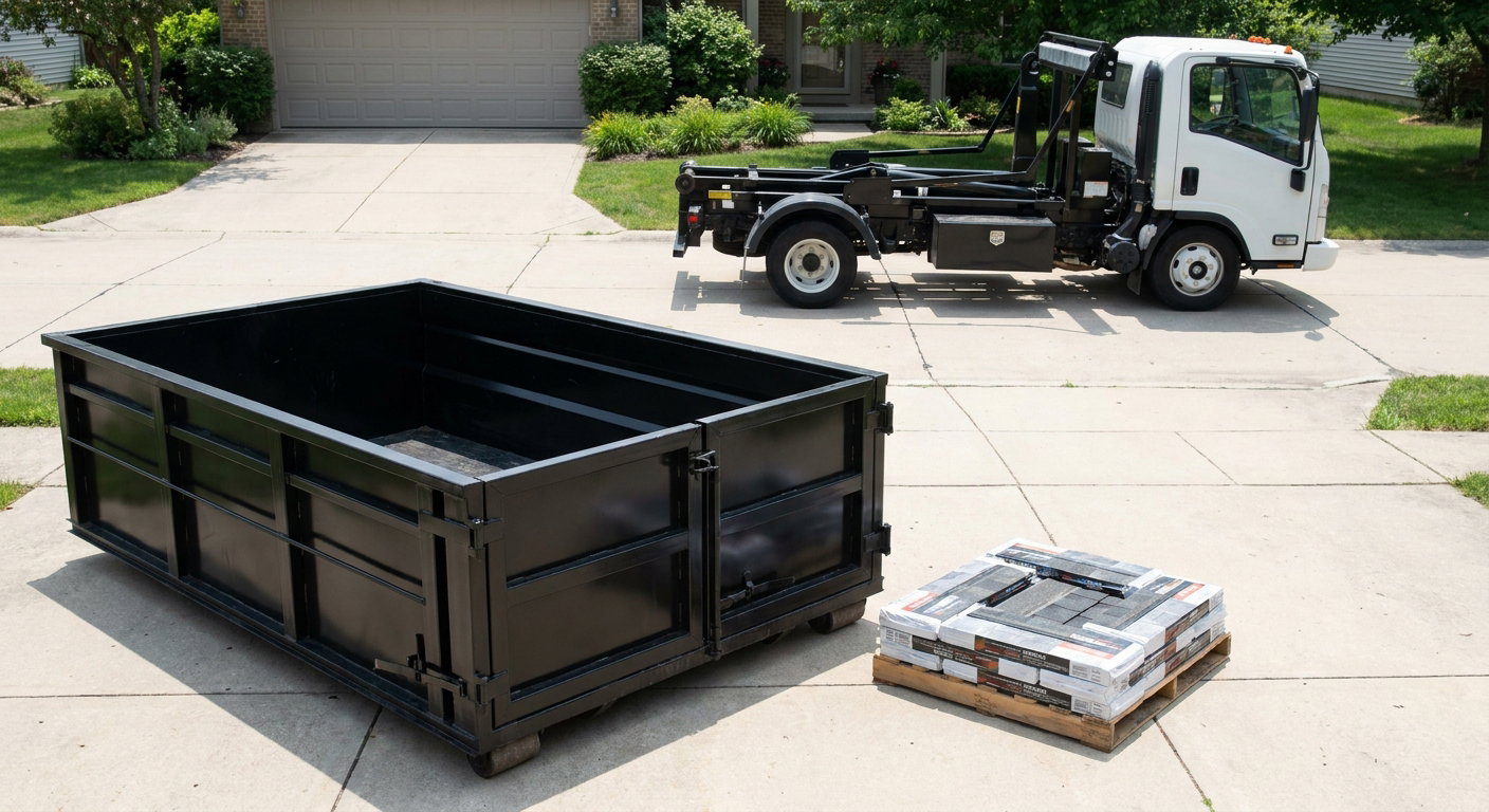 Matte-black 15-yard roofing roll-off dumpster with reinforced low side walls sitting directly on a Waterloo residential concrete driveway, three-tab asphalt shingle bundles stacked nearby, an unmarked white hauler truck partially visible at the edge of the frame.