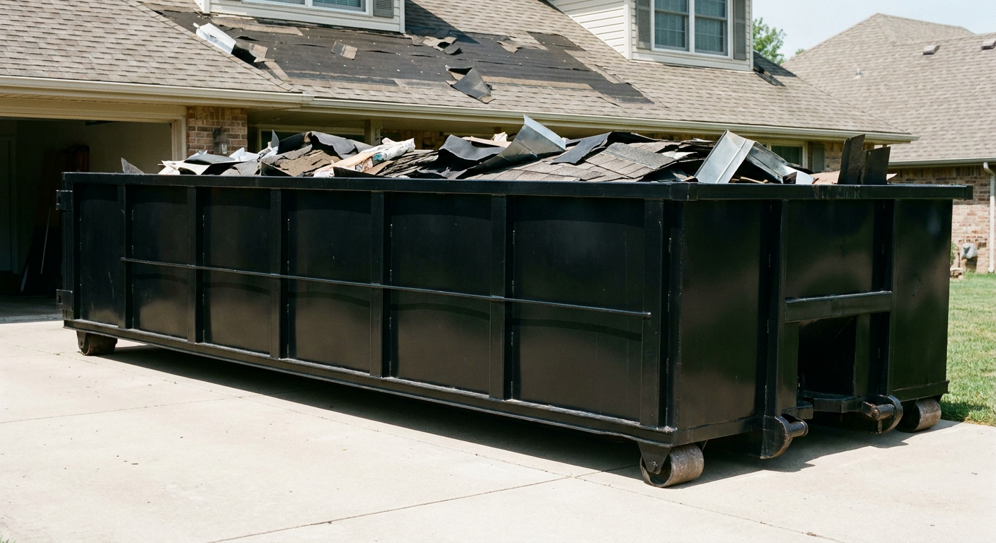 Matte-black 20-yard roofing roll-off dumpster with steel ribbed sides and swinging rear door, sitting directly on the concrete driveway of a two-story Waterloo home, asphalt shingle debris being loaded over the low wall, clean documentary lighting.