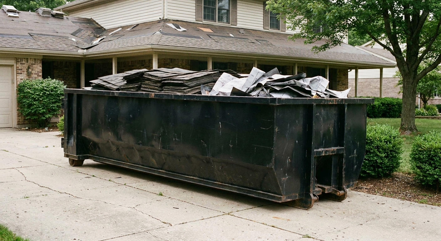 Matte-black 30-yard roofing roll-off dumpster sitting directly on a Waterloo concrete driveway, taller ribbed steel side panels, mixed tear-off debris of asphalt shingles and underlayment inside, professional documentary daylight.