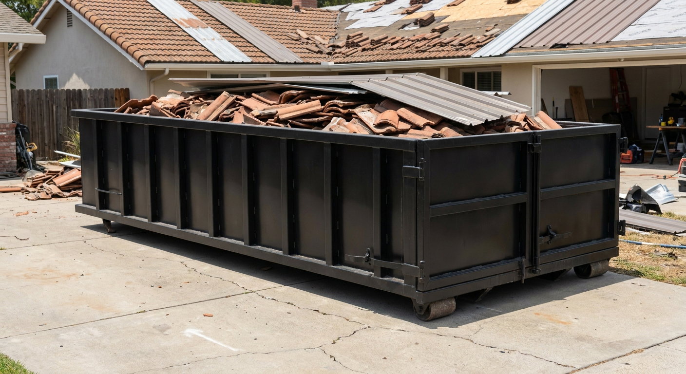 Matte-black low-wall heavy-debris roofing roll-off dumpster sitting directly on a Waterloo concrete driveway, broken concrete clay roof tiles and metal panel sections loaded inside, reinforced ribbed steel side walls visible, bright outdoor daylight.