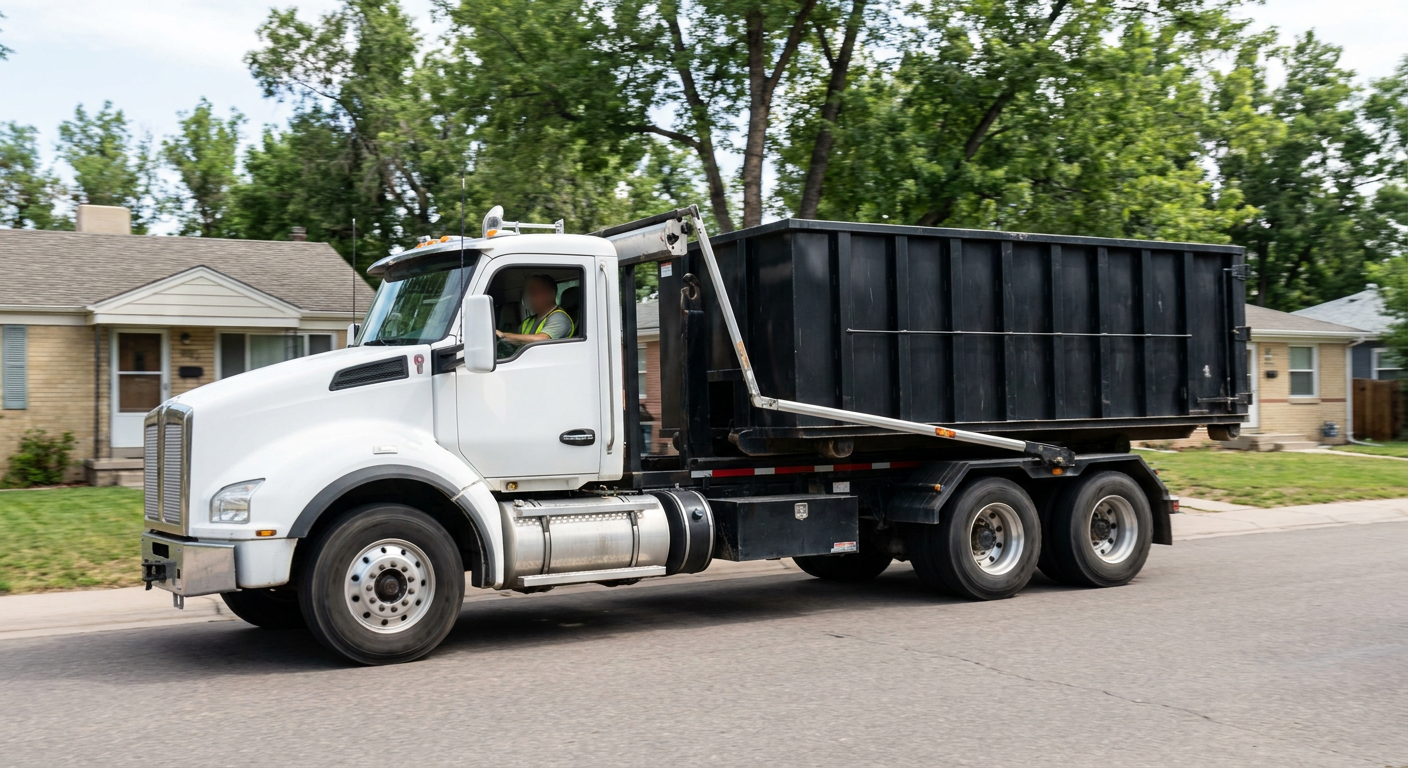 A wide documentary shot of a matte-black roll-off delivery truck pulling onto a quiet Waterloo residential street at mid-morning, with neighborhood rooftops and tree-lined blocks visible behind, showing the metro coverage footprint.