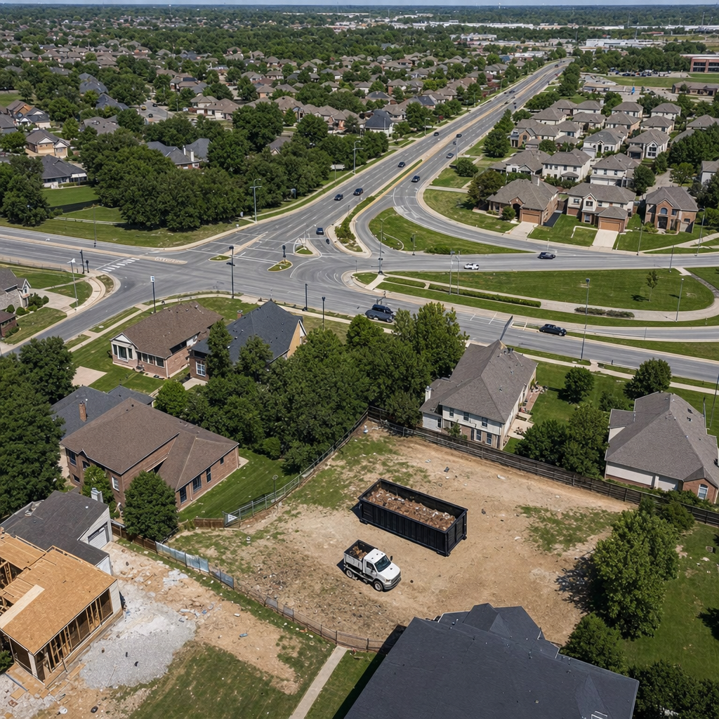 An overhead documentary view of the Waterloo metro area at midday, showing the spread of neighborhoods, arterial roads, and the dispatch radius from a central yard — clean daylight, organized geographic layout.