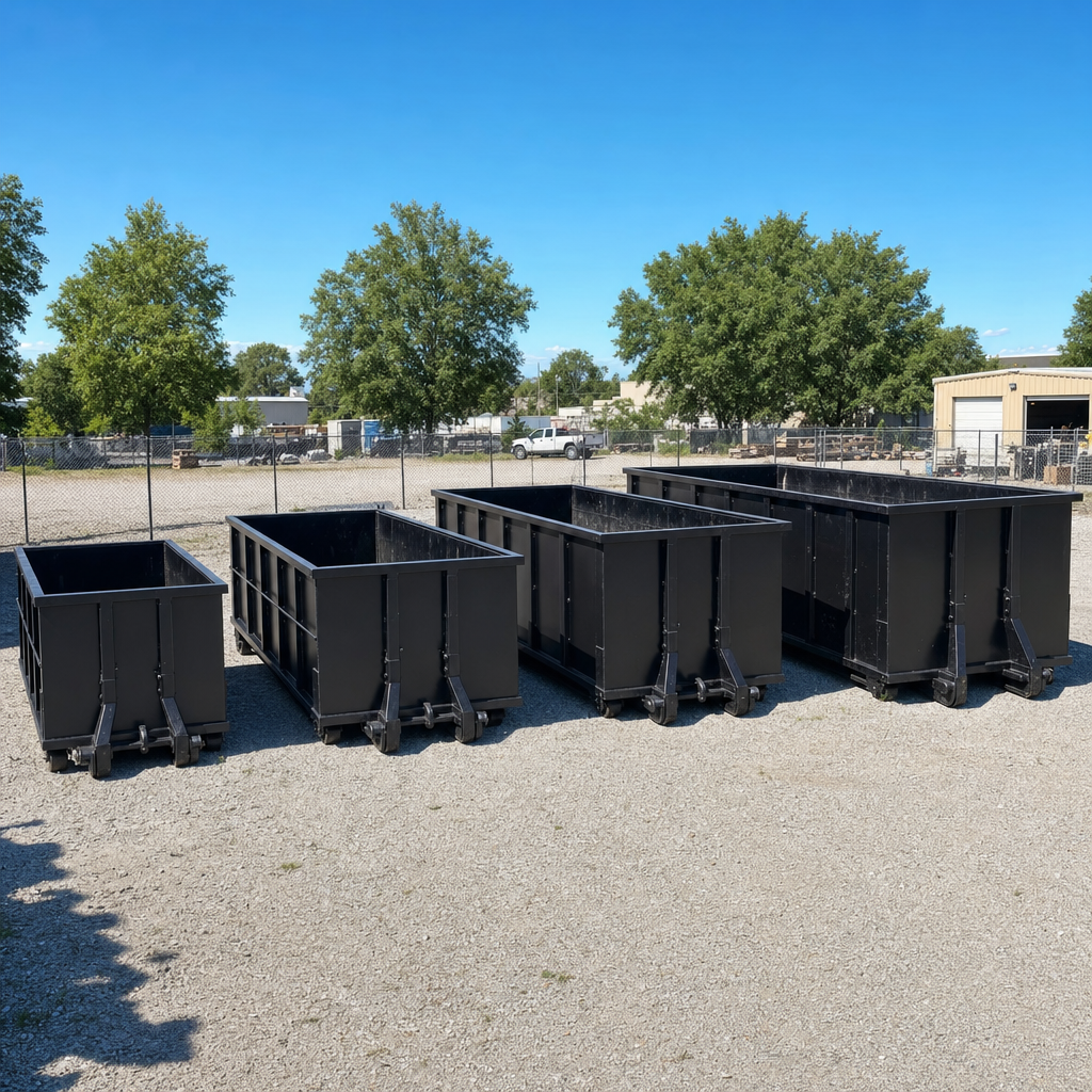 A clean lineup of matte-black roll-off dumpsters in 10, 20, 30, and 40-yard sizes staged on a sunlit gravel yard in Waterloo, showing the size progression from compact to commercial-scale containers.