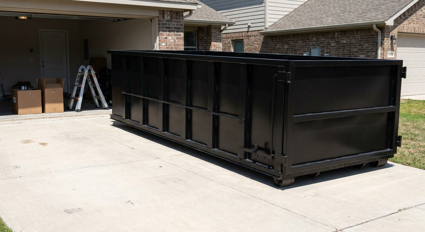 A matte-black 10-yard roll-off dumpster sitting directly on a residential Waterloo concrete driveway, mid-day sunlight, clean and ready for a garage cleanout.