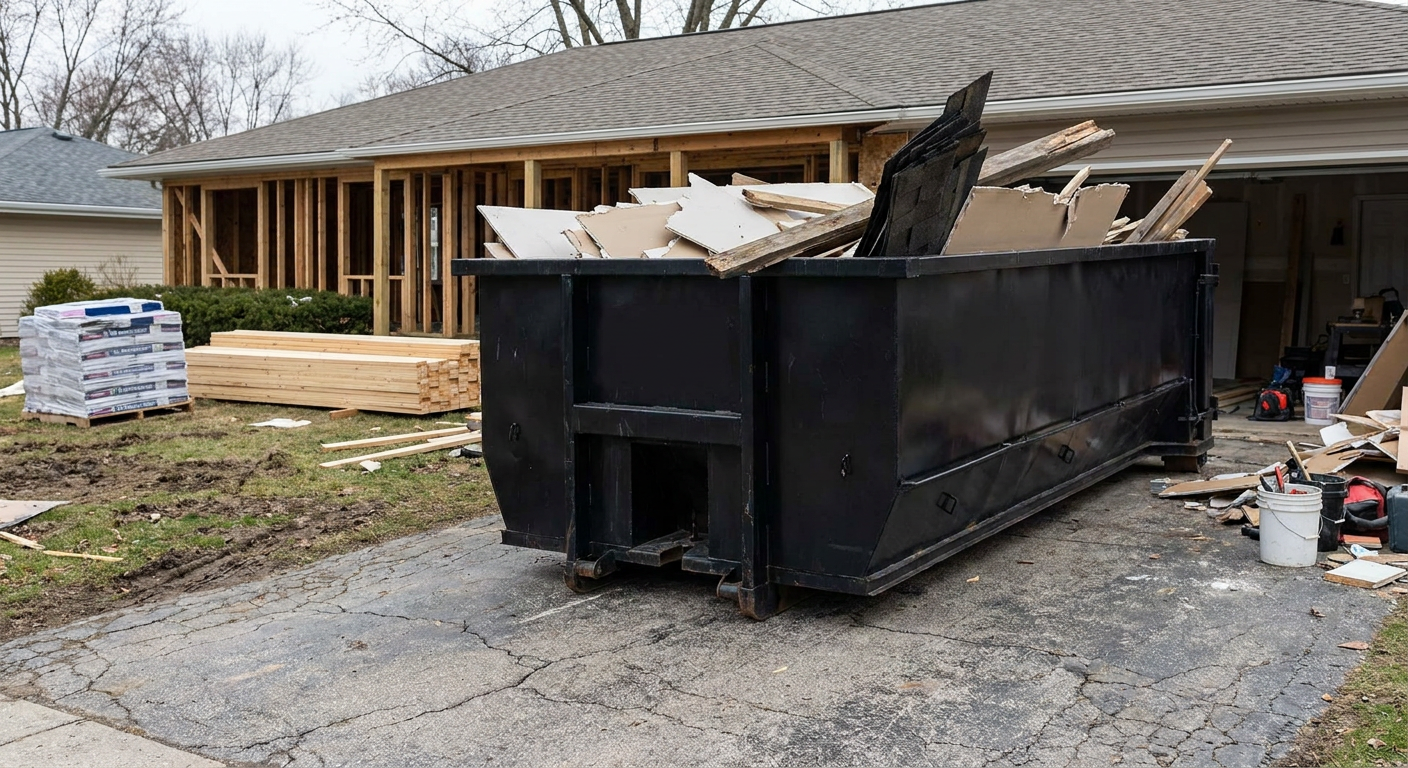 A matte-black 20-yard roll-off dumpster placed alongside a mid-renovation Waterloo home directly on the asphalt driveway, with framing materials and torn-off shingles staged neatly nearby.