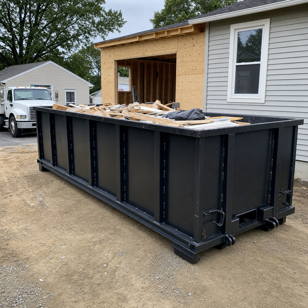 A matte-black 30-yard roll-off dumpster positioned at a Waterloo residential addition jobsite, with framing lumber and drywall scraps loaded through the open swinging rear doors.