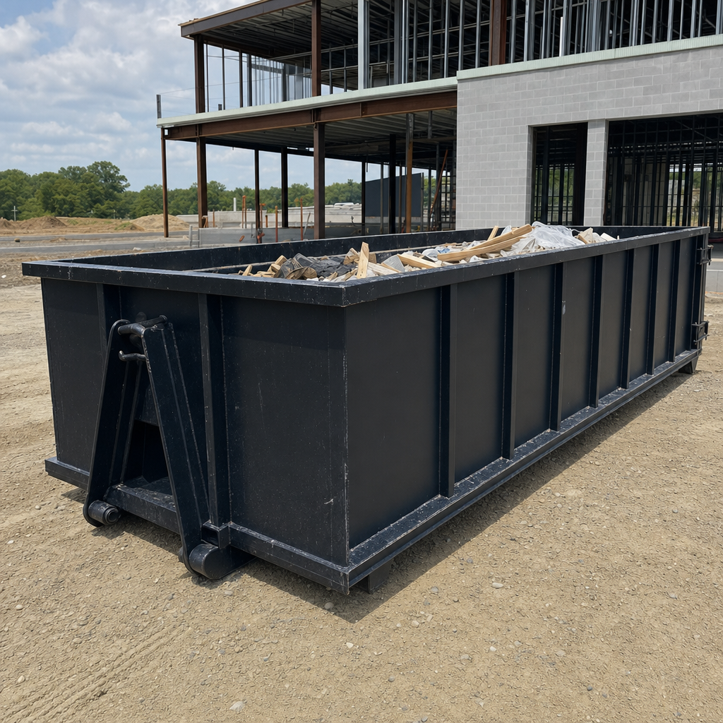A matte-black 40-yard roll-off dumpster staged on a large Waterloo commercial construction lot, with a hooklift delivery truck parked alongside under bright midday sky.