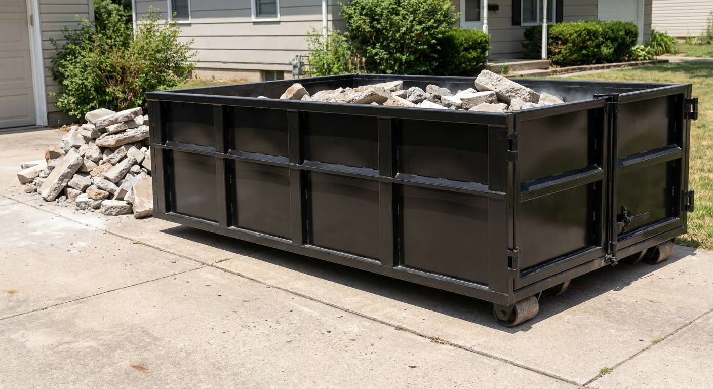 A matte-black low-side heavy-debris roll-off dumpster placed directly on a Waterloo concrete driveway, with broken concrete chunks neatly stacked beside it under clean daylight.